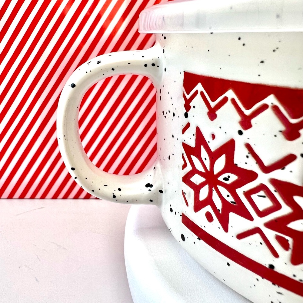 Red & White Snowflakes Stoneware Soup Mug Vent Lid With Handle Sweater Print - Picture 6 of 8